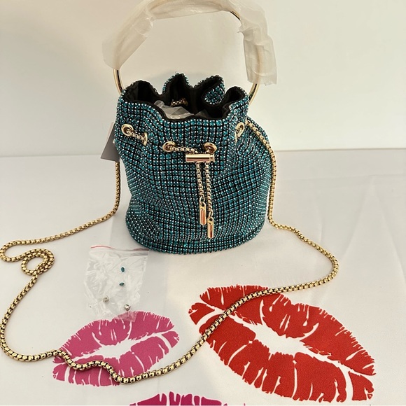 Peacock Blue Rhinestone Swing Handle Iconic Bucket Bag - Picture 7 of 10